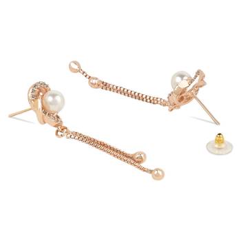 Sparkling Rose Gold Plated Floral Shape Stud CZ American Diamond Pearl Studed Tassel Drop Fashionable Earrings 4