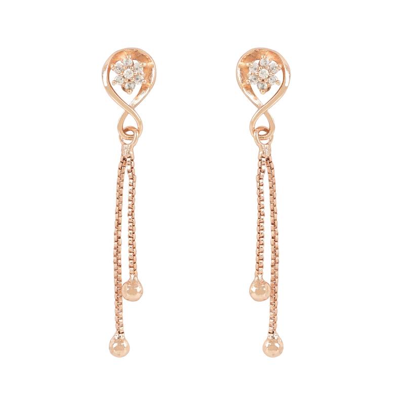 Sparkling Glamorous Rose Gold Plated Floral Shape Stud CZ and American Diamond Tassel Drop Fashionable Earrings
