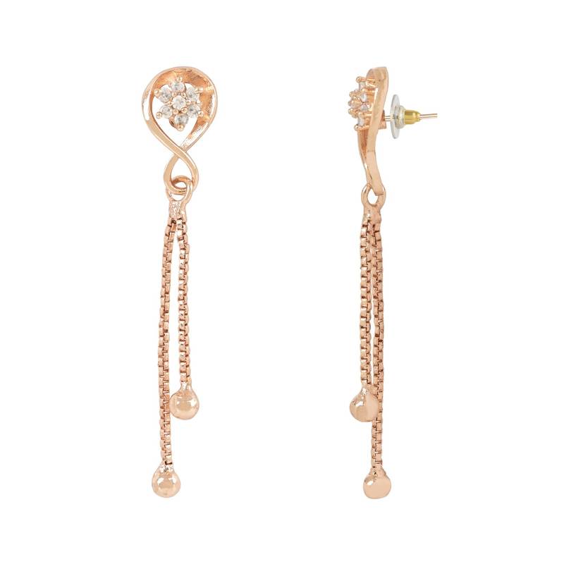 Sparkling Glamorous Rose Gold Plated Floral Shape Stud CZ and American Diamond Tassel Drop Fashionable Earrings