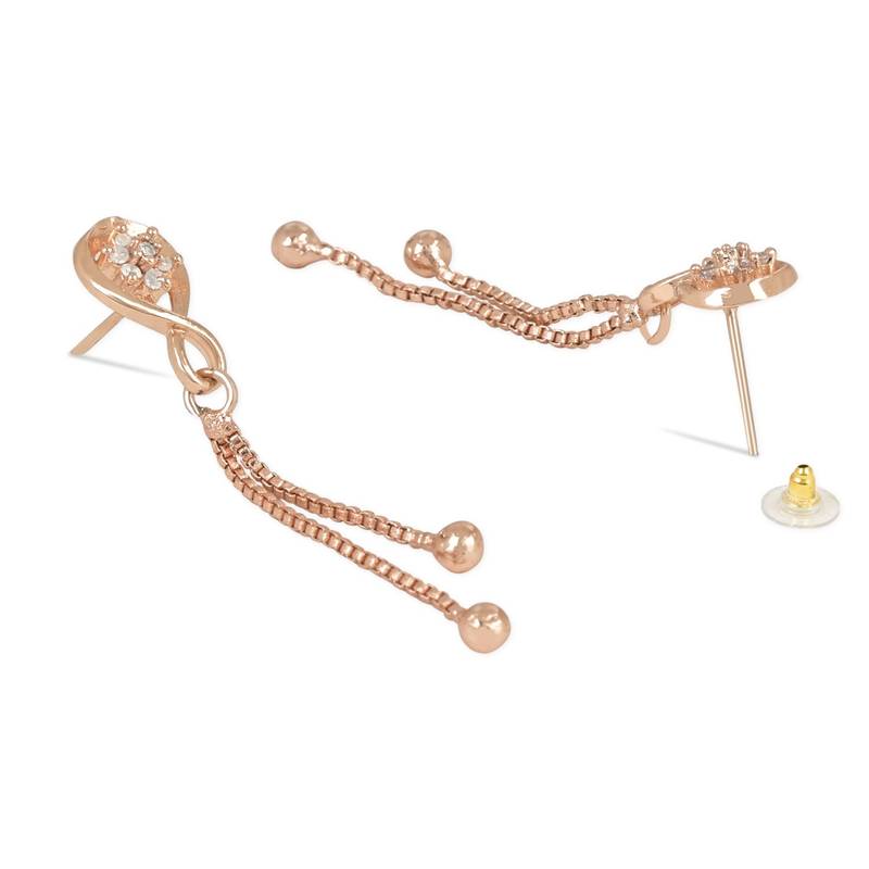Sparkling Glamorous Rose Gold Plated Floral Shape Stud CZ and American Diamond Tassel Drop Fashionable Earrings