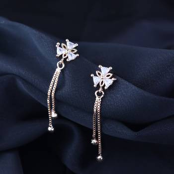 Sparkling Glamorous Rose Gold Plated Floral Shape Stud CZ and American Diamond Tassel Drop Fashionable Earrings 1