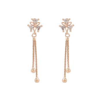 Sparkling Glamorous Rose Gold Plated Floral Shape Stud CZ and American Diamond Tassel Drop Fashionable Earrings 2