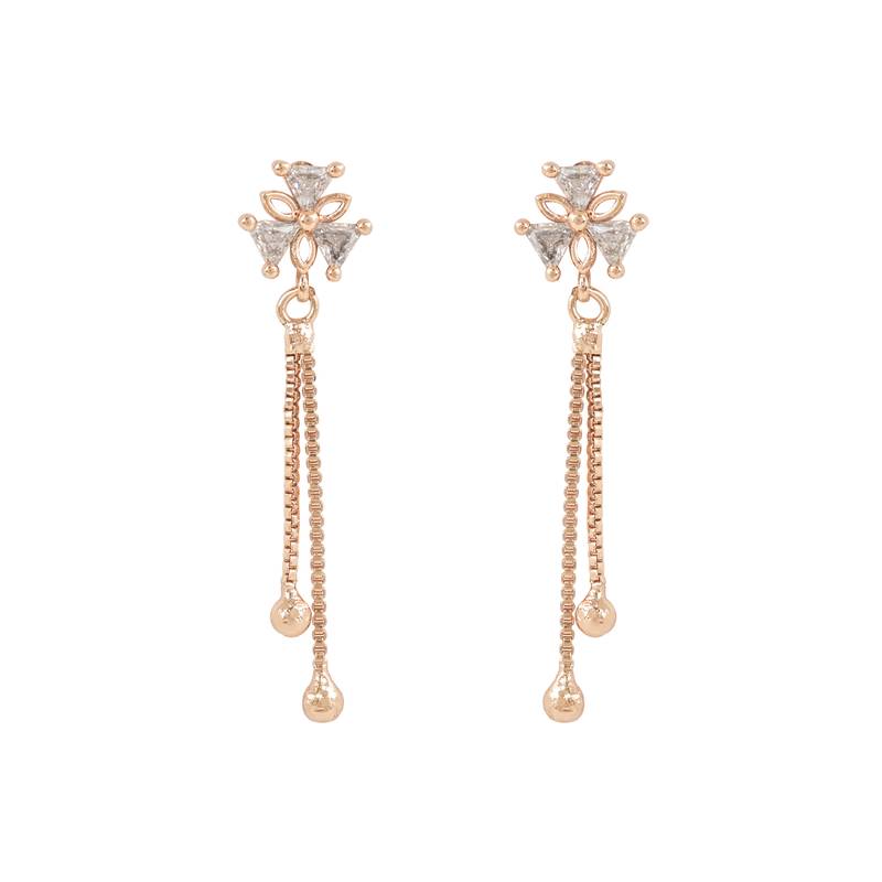 Sparkling Glamorous Rose Gold Plated Floral Shape Stud CZ and American Diamond Tassel Drop Fashionable Earrings