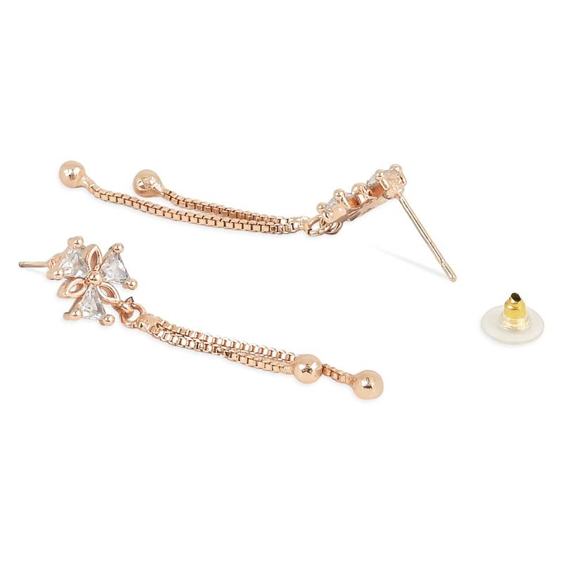 Sparkling Glamorous Rose Gold Plated Floral Shape Stud CZ and American Diamond Tassel Drop Fashionable Earrings