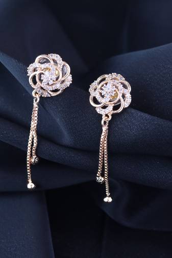 Sparkling Glamorous Rose Gold Plated Floral Shape Stud CZ and American Diamond Tassel Drop Fashionable Earrings