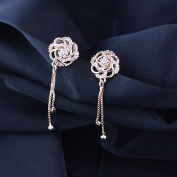Sparkling Glamorous Rose Gold Plated Floral Shape Stud CZ and American Diamond Tassel Drop Fashionable Earrings 1