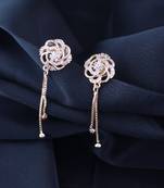 Sparkling Glamorous Rose Gold Plated Floral Shape Stud CZ and American Diamond Tassel Drop Fashionable Earrings