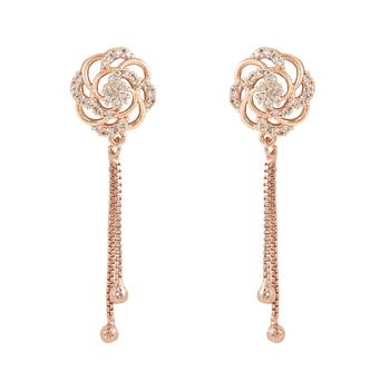 Sparkling Glamorous Rose Gold Plated Floral Shape Stud CZ and American Diamond Tassel Drop Fashionable Earrings 2