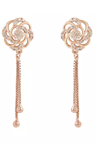Sparkling Glamorous Rose Gold Plated Floral Shape Stud CZ and American Diamond Tassel Drop Fashionable Earrings