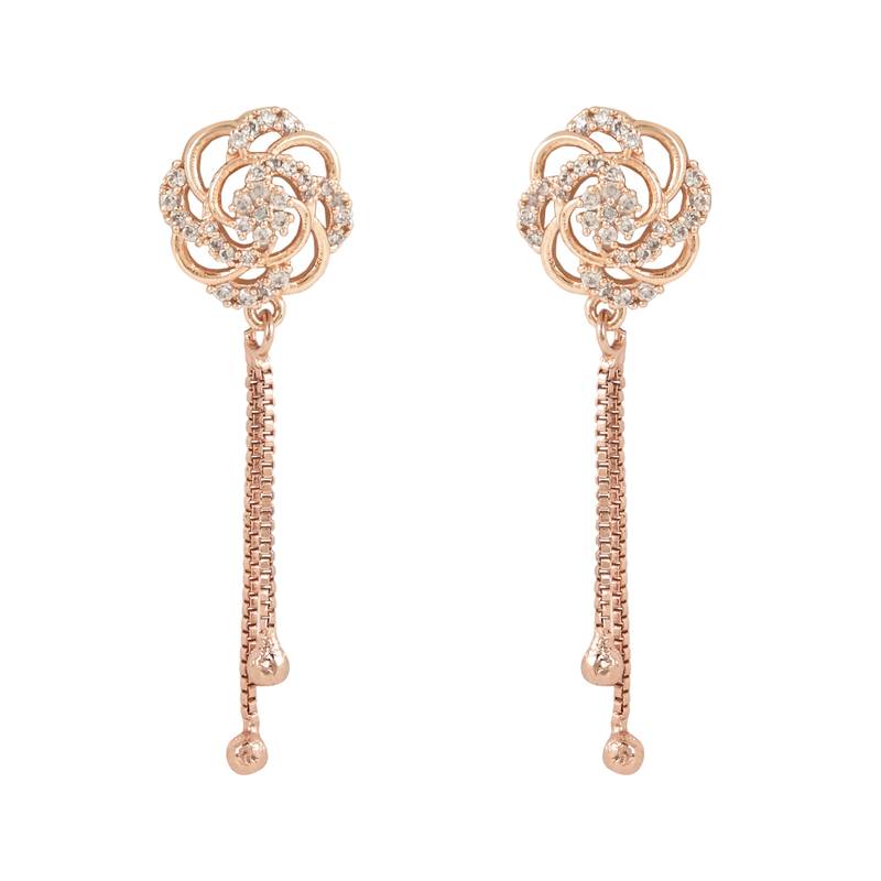 Sparkling Glamorous Rose Gold Plated Floral Shape Stud CZ and American Diamond Tassel Drop Fashionable Earrings