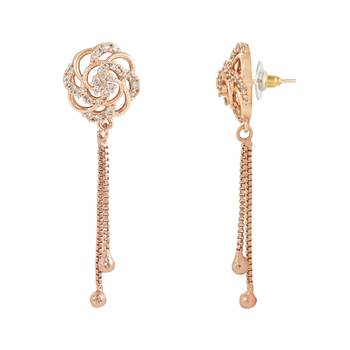 Sparkling Glamorous Rose Gold Plated Floral Shape Stud CZ and American Diamond Tassel Drop Fashionable Earrings 3