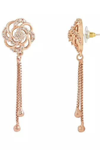 Sparkling Glamorous Rose Gold Plated Floral Shape Stud CZ and American Diamond Tassel Drop Fashionable Earrings
