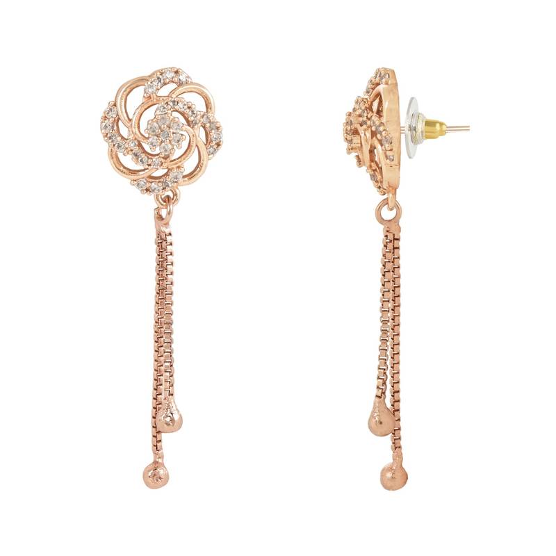 Sparkling Glamorous Rose Gold Plated Floral Shape Stud CZ and American Diamond Tassel Drop Fashionable Earrings