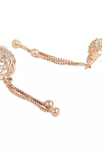 Sparkling Glamorous Rose Gold Plated Floral Shape Stud CZ and American Diamond Tassel Drop Fashionable Earrings