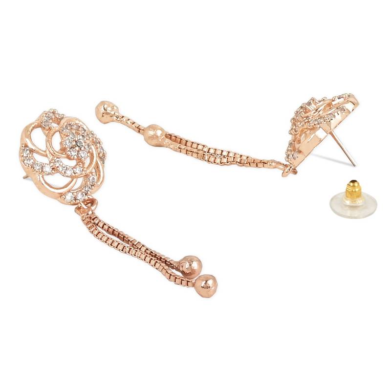 Sparkling Glamorous Rose Gold Plated Floral Shape Stud CZ and American Diamond Tassel Drop Fashionable Earrings
