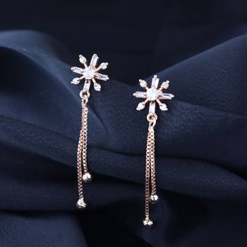 Sparkling Glamorous Rose Gold Plated Floral Shape Stud CZ and American Diamond Tassel Drop Fashionable Earrings 1
