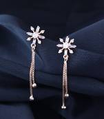 Sparkling Glamorous Rose Gold Plated Floral Shape Stud CZ and American Diamond Tassel Drop Fashionable Earrings