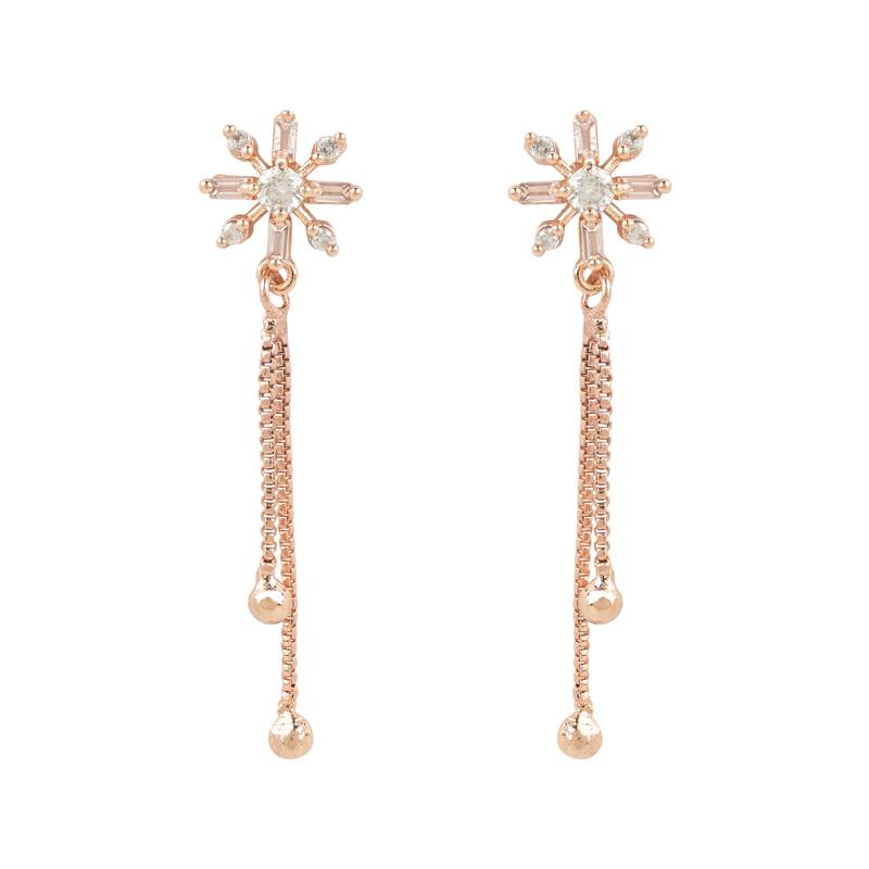 Sparkling Glamorous Rose Gold Plated Floral Shape Stud CZ and American Diamond Tassel Drop Fashionable Earrings
