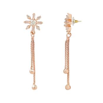 Sparkling Glamorous Rose Gold Plated Floral Shape Stud CZ and American Diamond Tassel Drop Fashionable Earrings 3