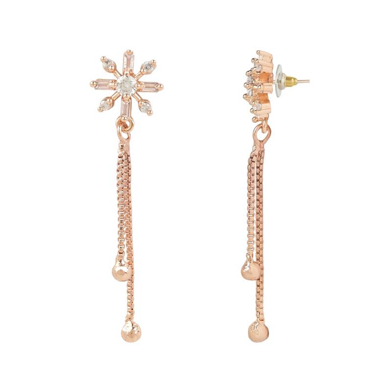 Sparkling Glamorous Rose Gold Plated Floral Shape Stud CZ and American Diamond Tassel Drop Fashionable Earrings