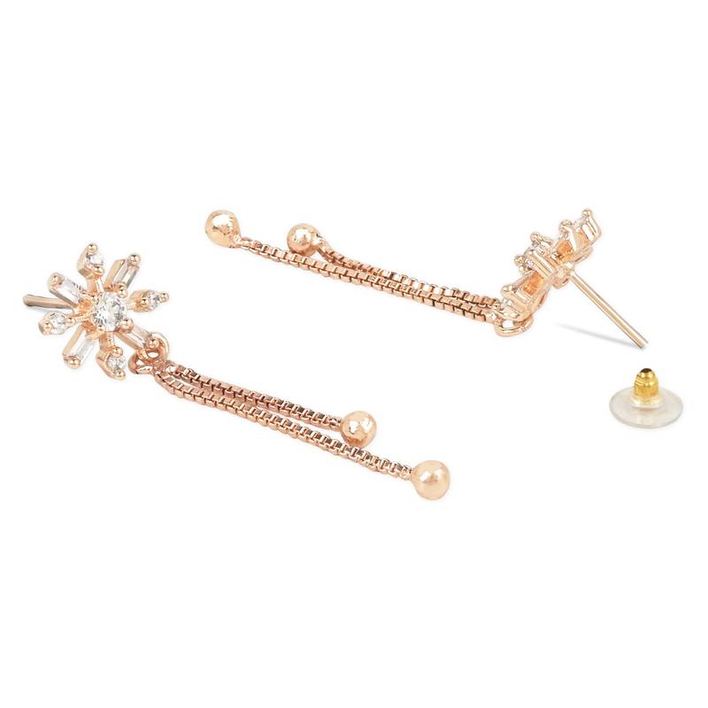Sparkling Glamorous Rose Gold Plated Floral Shape Stud CZ and American Diamond Tassel Drop Fashionable Earrings