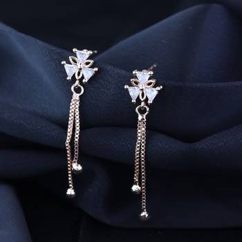 Sparkling Glamorous Rose Gold Plated Floral Shape Stud CZ and American Diamond Tassel Drop Fashionable Earrings 1