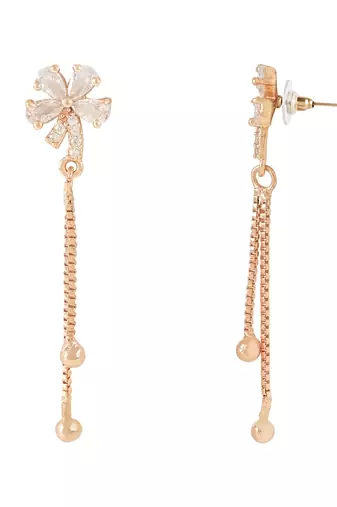 Sparkling Glamorous Rose Gold Plated Floral Shape Stud CZ and American Diamond Tassel Drop Fashionable Earrings