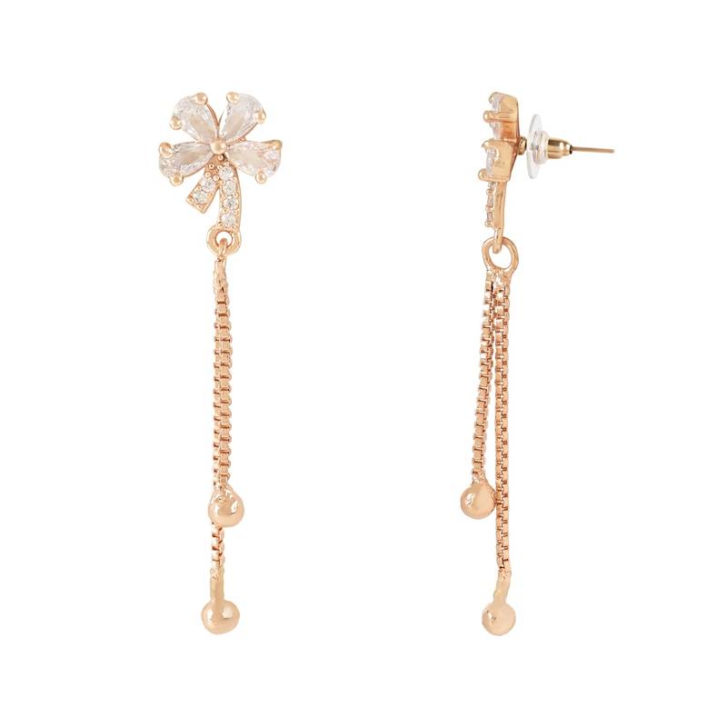 Sparkling Glamorous Rose Gold Plated Floral Shape Stud CZ and American Diamond Tassel Drop Fashionable Earrings