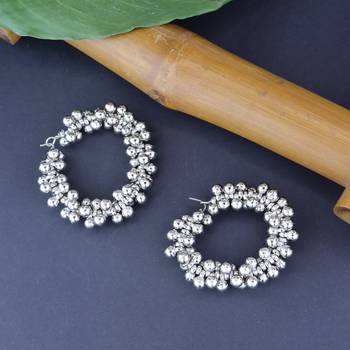 Navratri Ethnic Silver Oxidised Afghani Ghungroo Style Hoop Earrings For Women/Girls  1