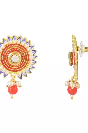 Traditonal Floral Meenakari Pearl Drop Stud Earring For Women & Girls 