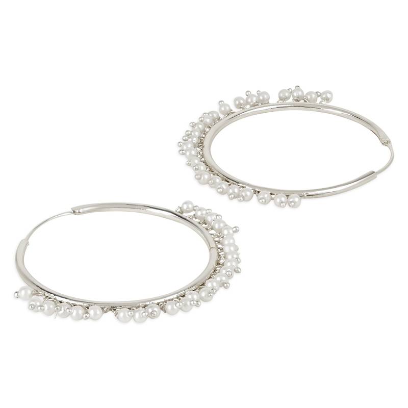 Silver Plated Chandbali Hoop Earrings Handcrafted With Pearl For Women & Girls