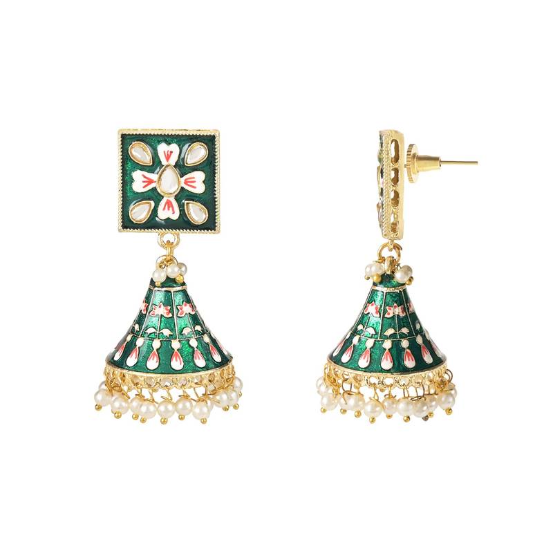Traditional Meenakari Kundan Studded Pearl Dangle Jhumki Earrings For Women & Girls 