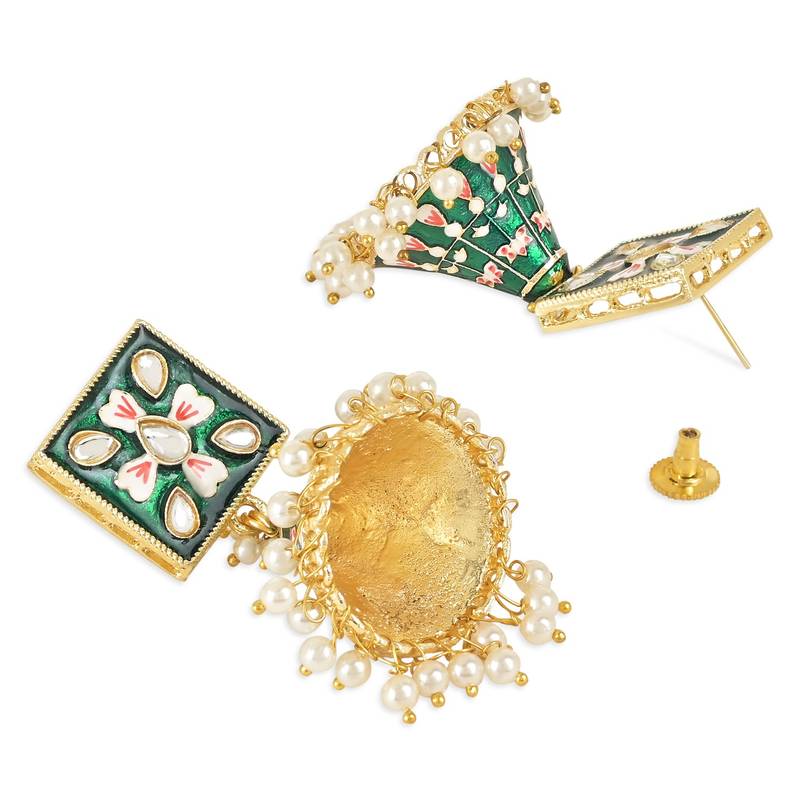 Traditional Meenakari Kundan Studded Pearl Dangle Jhumki Earrings For Women & Girls 