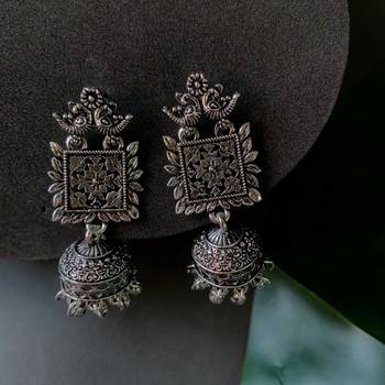 Navratri Ethnic Silver Oxidised Afghani Style Trending Jhumka Earrings For Women & Girls  1