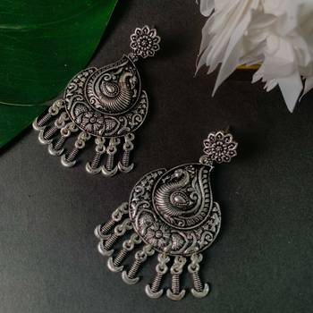 Navratri Ethnic Silver Oxidised Afghani Floral & Peacock Design Drop Earrings For Women & Girls  1