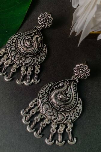 Navratri Ethnic Silver Oxidised Afghani Floral & Peacock Design Drop Earrings For Women & Girls 