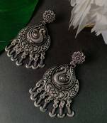 Navratri Ethnic Silver Oxidised Afghani Floral & Peacock Design Drop Earrings For Women & Girls 