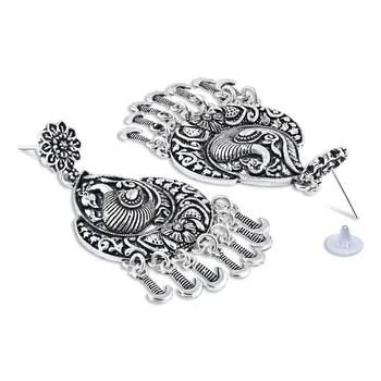 Navratri Ethnic Silver Oxidised Afghani Floral & Peacock Design Drop Earrings For Women & Girls  2