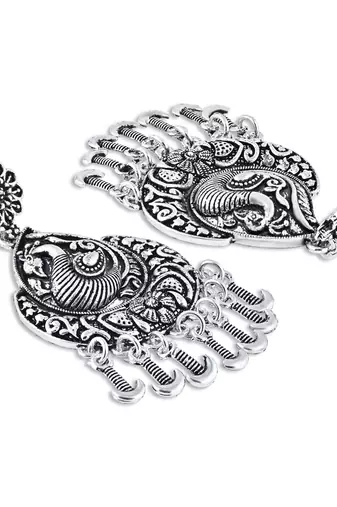 Navratri Ethnic Silver Oxidised Afghani Floral & Peacock Design Drop Earrings For Women & Girls 