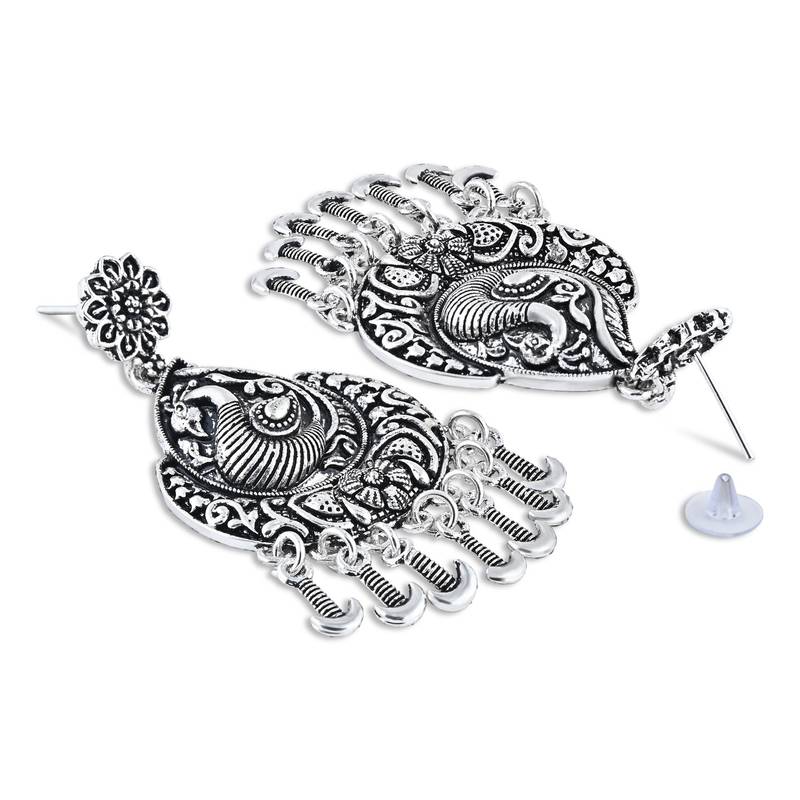 Navratri Ethnic Silver Oxidised Afghani Floral & Peacock Design Drop Earrings For Women & Girls 