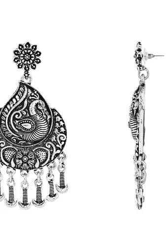 Navratri Ethnic Silver Oxidised Afghani Floral & Peacock Design Drop Earrings For Women & Girls 