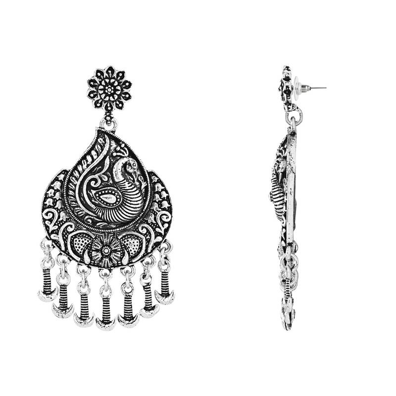 Navratri Ethnic Silver Oxidised Afghani Floral & Peacock Design Drop Earrings For Women & Girls 