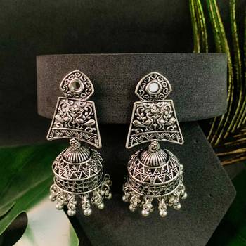 Navratri Ethnic Silver Oxidised Afghani Style Trending Jhumka Earrings For Women & Girls  1