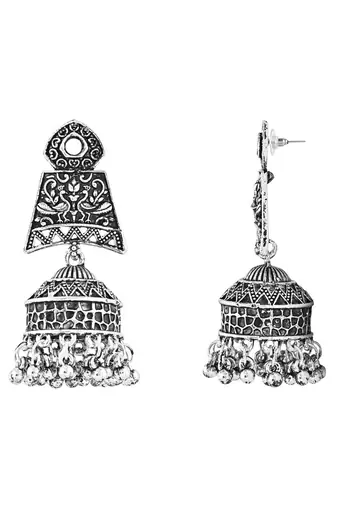 Navratri Ethnic Silver Oxidised Afghani Style Trending Jhumka Earrings For Women & Girls 
