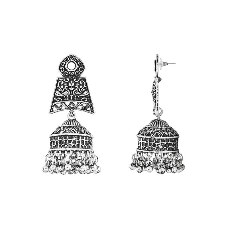 Navratri Ethnic Silver Oxidised Afghani Style Trending Jhumka Earrings For Women & Girls 