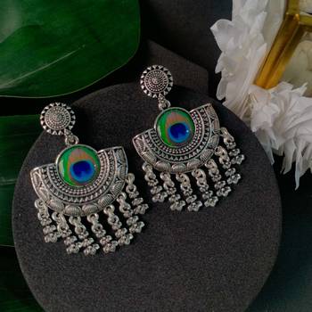 Navratri Ethnic Silver Oxidised Afghani Peacock Feather Design Drop Earrings For Women & Girls  1