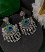 Navratri Ethnic Silver Oxidised Afghani Peacock Feather Design Drop Earrings For Women & Girls 
