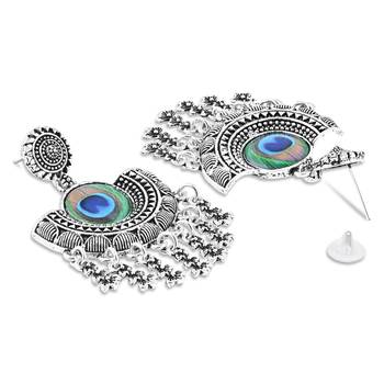 Navratri Ethnic Silver Oxidised Afghani Peacock Feather Design Drop Earrings For Women & Girls  2
