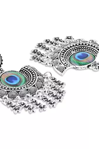 Navratri Ethnic Silver Oxidised Afghani Peacock Feather Design Drop Earrings For Women & Girls 