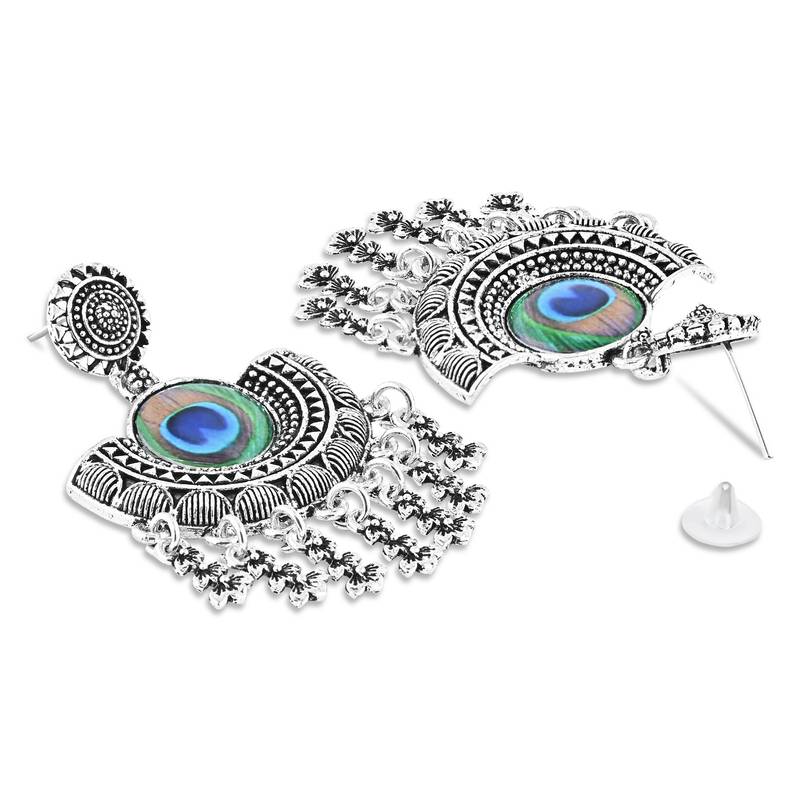 Navratri Ethnic Silver Oxidised Afghani Peacock Feather Design Drop Earrings For Women & Girls 